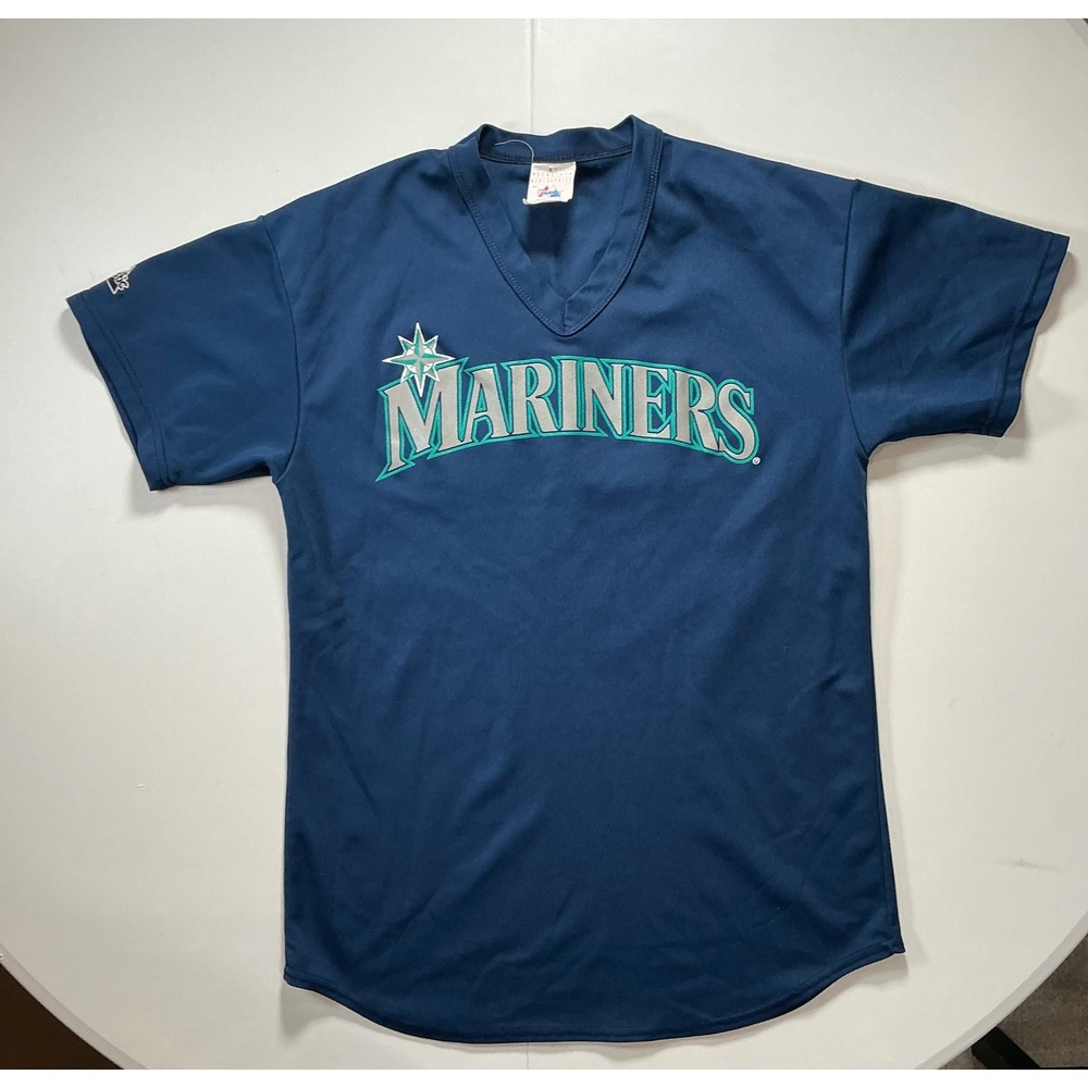 VTG USA Made 90s Majestic Seattle Mariners Jersey Shirt L Navy Blue V Neck